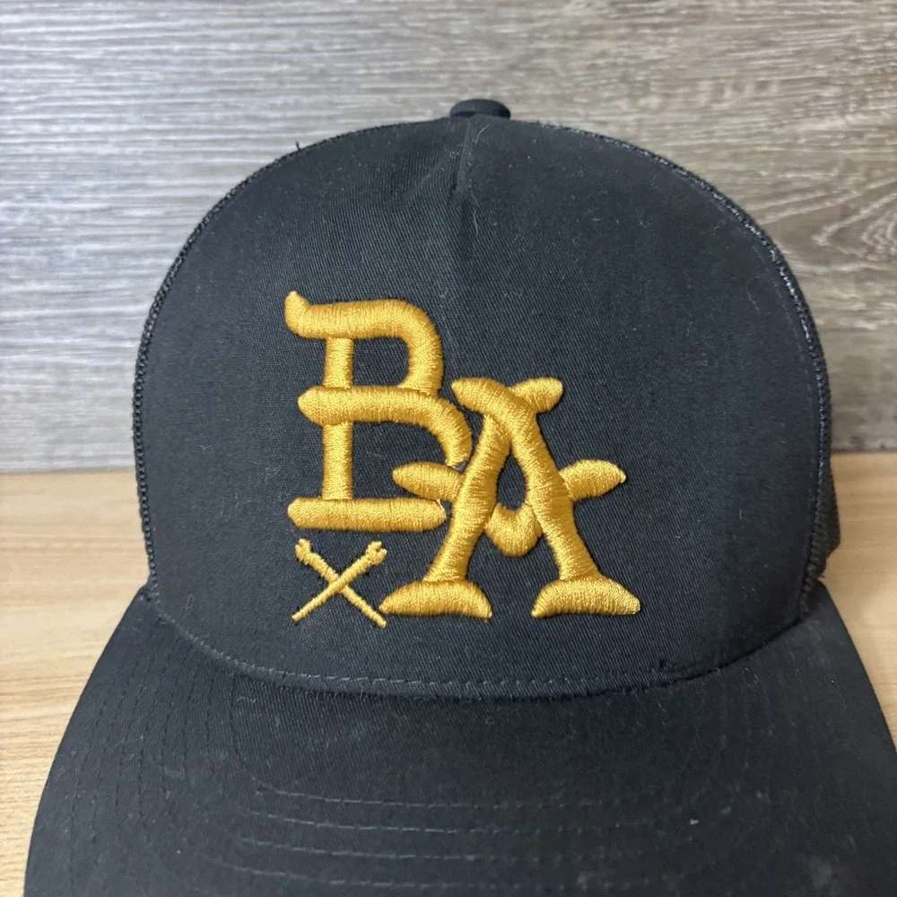 BA Hat Cap Snap Back Black Gold Trucker Mesh Embroidered Mens